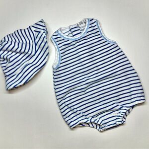 Kissy Kissy Blue and White Striped Baby Romper & Hat Set - 3-6 months